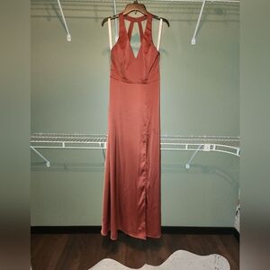 Azazie Terracotta Backless Halter Gown